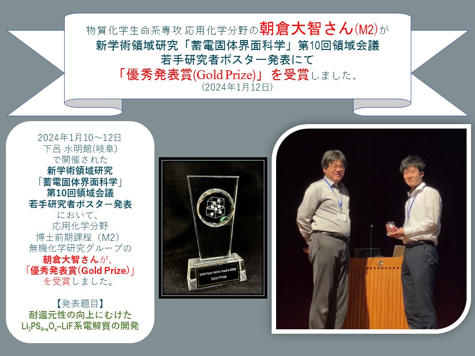 応用化学分野 朝倉大智さんが新学術領域研究「蓄電固体界面科学 応用化学分野 朝倉大智さんが新学術領域研究「蓄電固体界面科学
